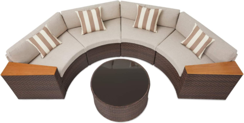 5-Piece Patio Sectional Furniture Patio Half-Moon Set Brown Wicker Curved Outdoo