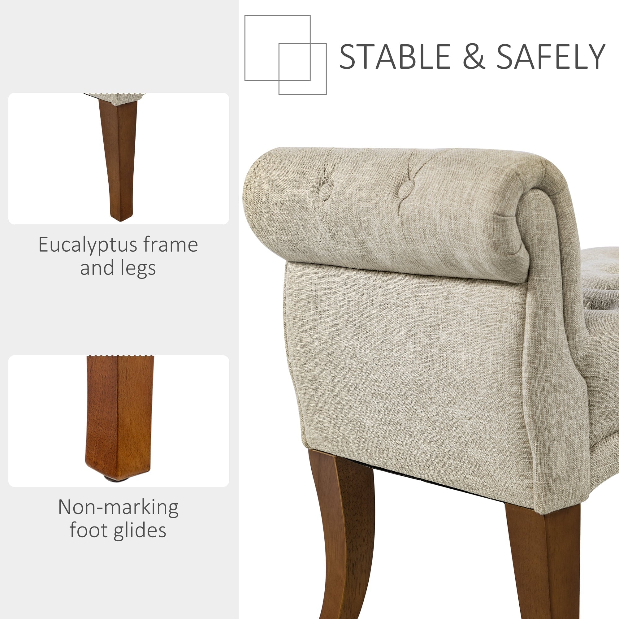 HOMCOM Traditional Style End of Bed Bench, Upholstered Entryway Bench with Button Tufted and Rounded Arm, Beige