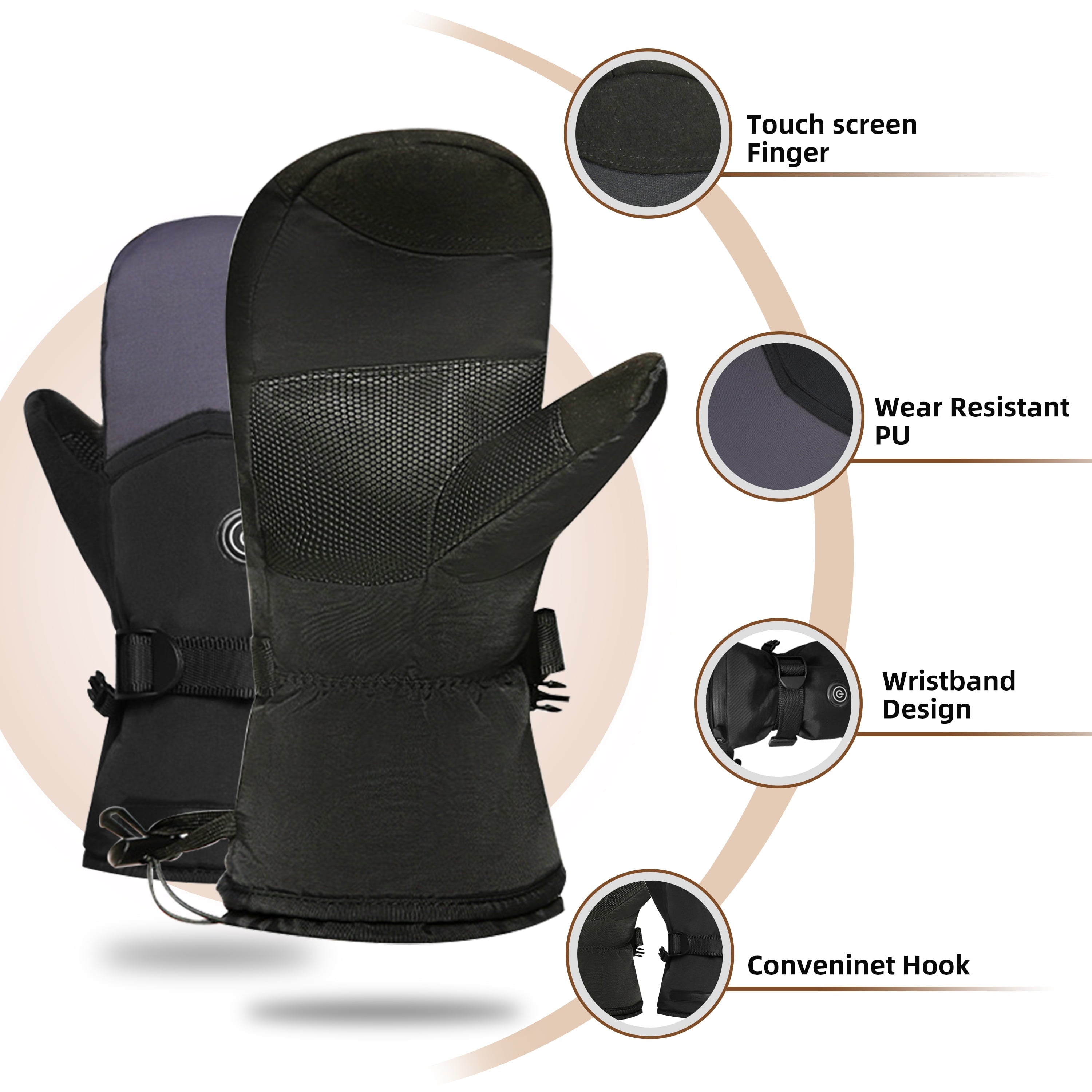 WZCPCV Electric Heated Gloves,Waterproof  Heated Mittens for Men Women,Ski Gloves with 3 Heated Level,Touchscreen Gloves,Professional Ski Gear Snow Gear,Black