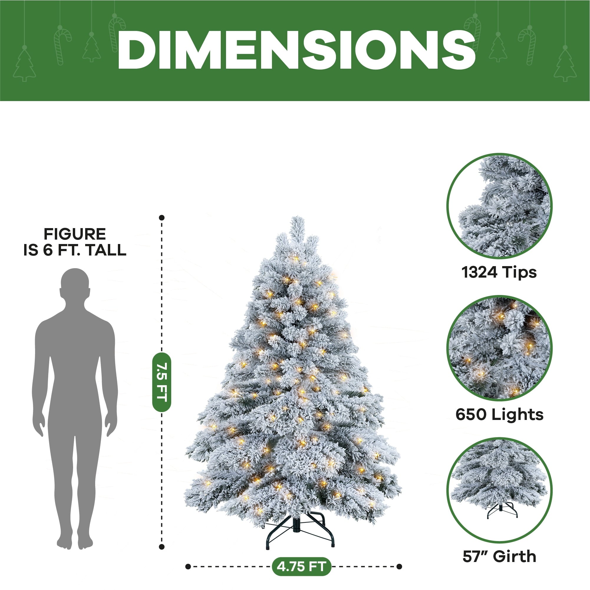 7.5ft Snow Flocked Christmas Tree with Lights, Christmas Tree Prelit with 1324 Branch Tips, 650 Warm Lights and Metal Stand by Homestock