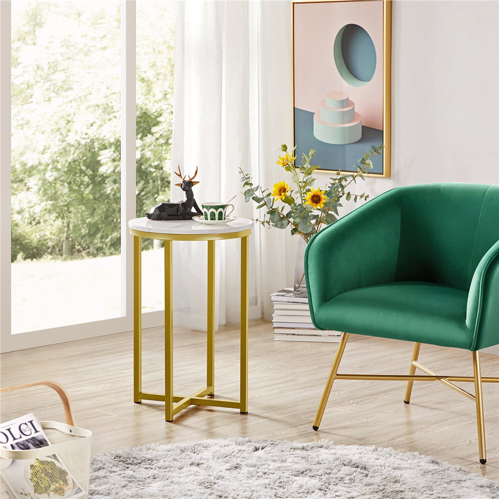 SMILE MART Wooden Top Round Faux Marble Side Table Sturdy Metal Legs Mustard Gold