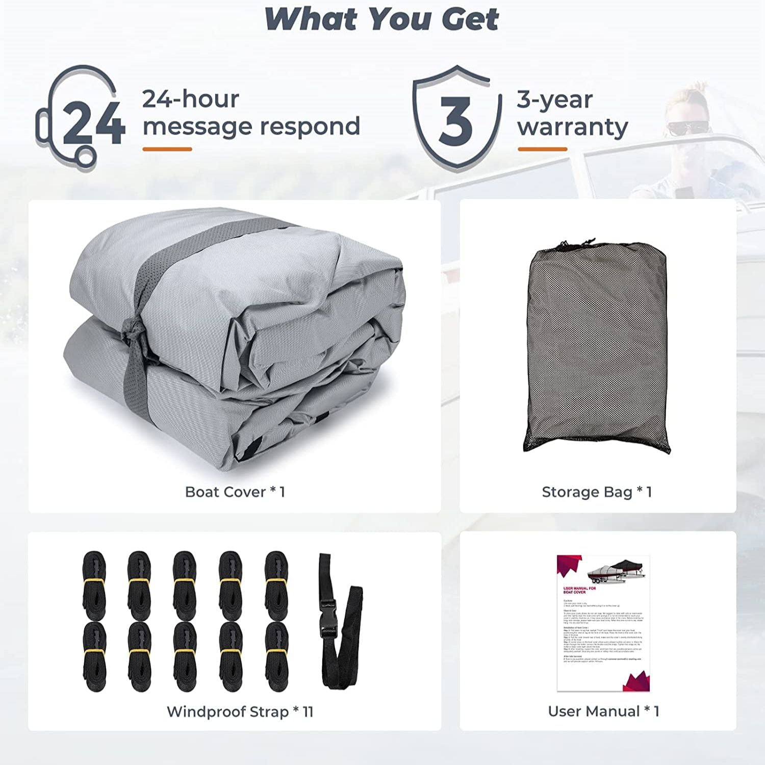 RVMasking 1200D Waterproof  17’-19' Trailerable Boat Cover Fits Bass Boat, V-Hull, Runabout, Fish&Ski, Tri-Hull, Heavy Duty Marine Grade Boat Cover Length, Beam Width up to 96”