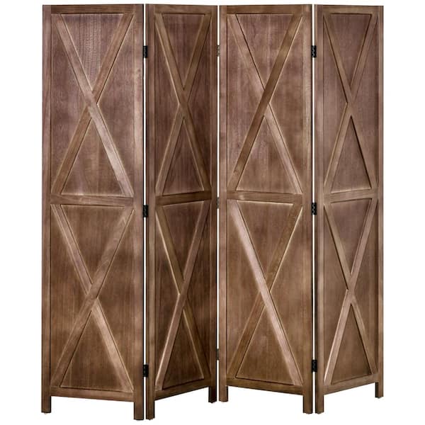 4-Panel Folding Room Divider 5.6 ft. Walnut Tone Tall Freestanding Privacy Screen Panels for Indoor Bedroom Office