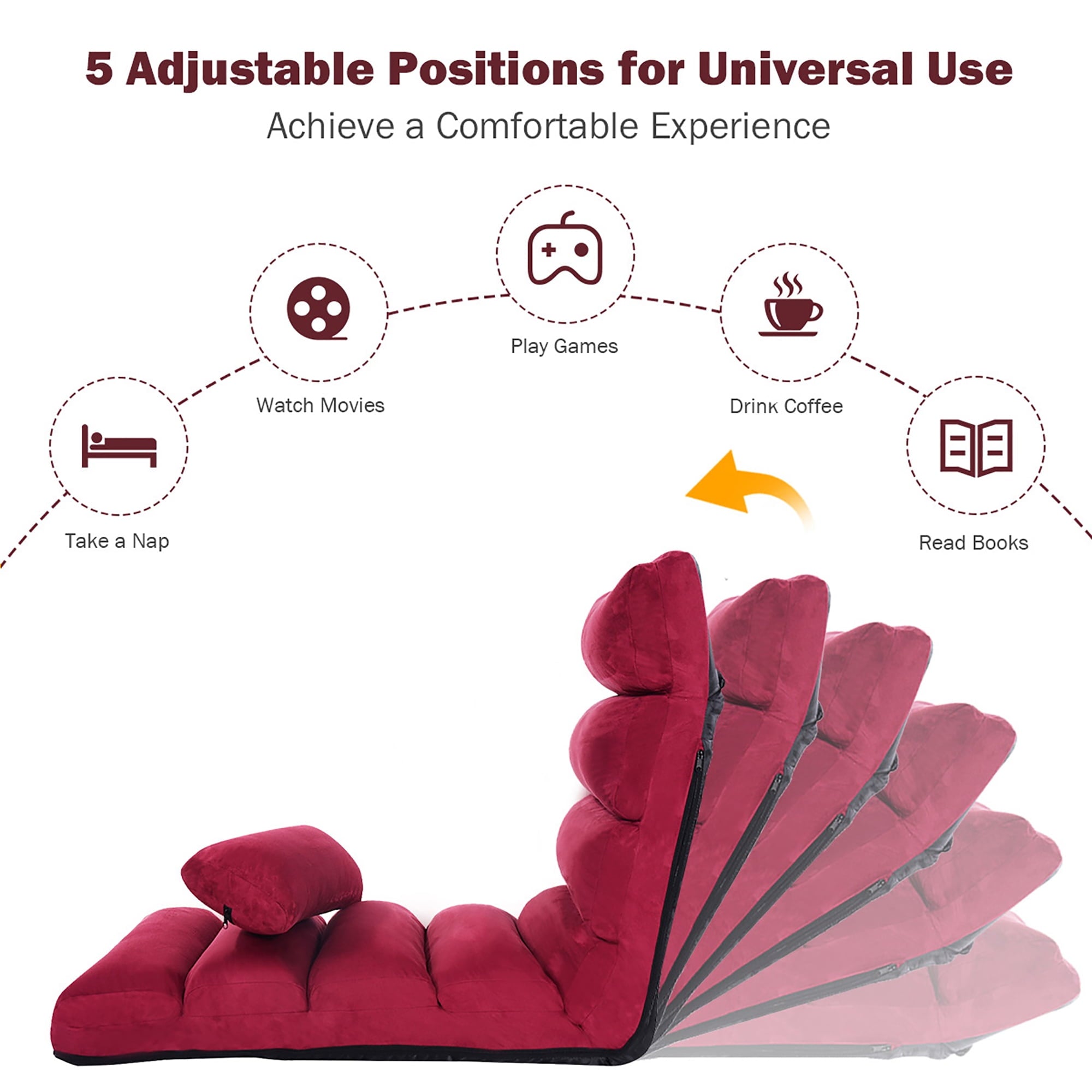 Costway Folding Lazy Sofa Chair Stylish Sofa Couch Bed Lounge Chair W/Pillow Burgundy