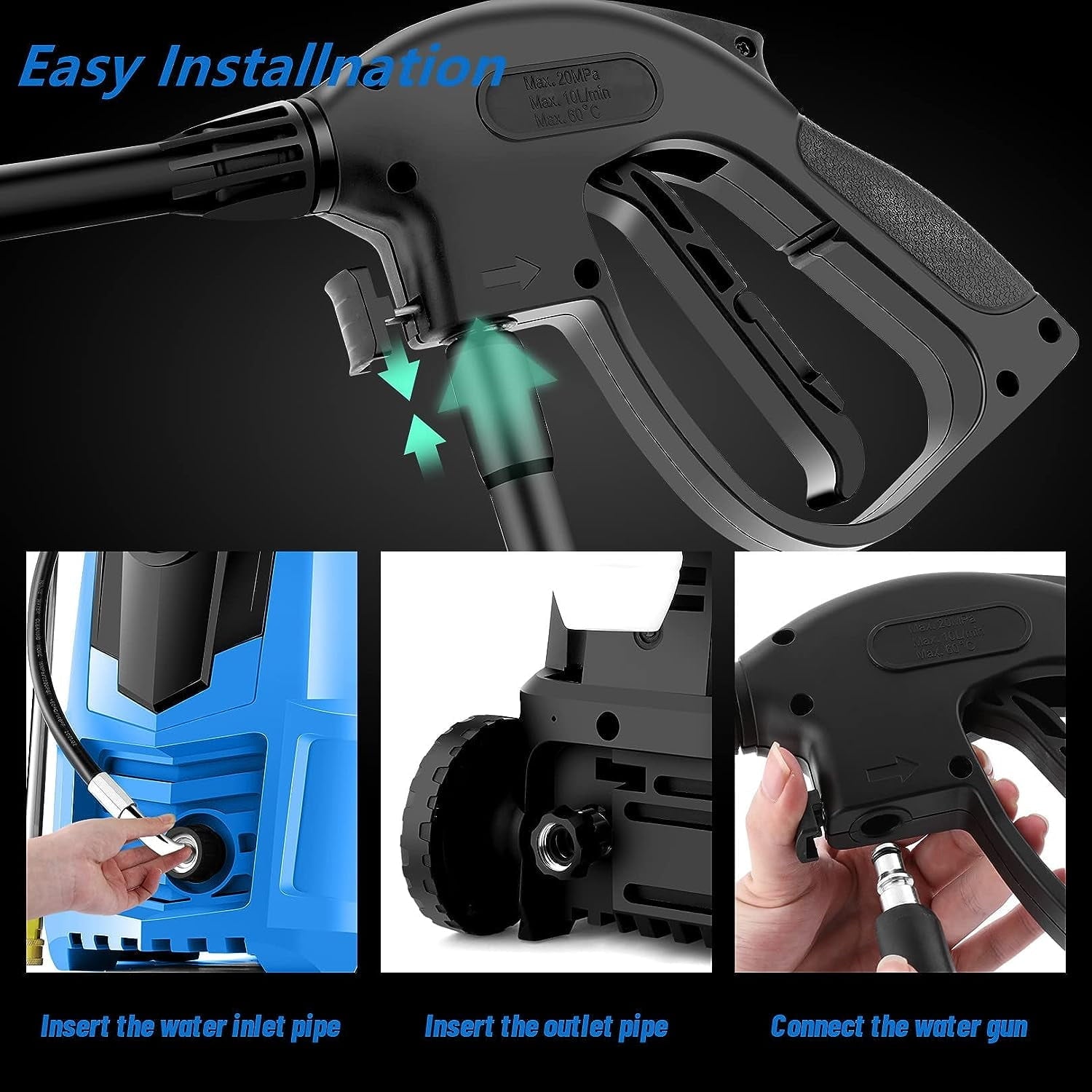 Electric Power Washer 1600W 2.0GPM, 20ft High Pressure Washer Hose + 35ft Power Cable, IPX5 Waterproof with 500ml Detergent Bottle, All-in-One Adjustable Nozzle, for Cars/Fences/Patios (Blue)