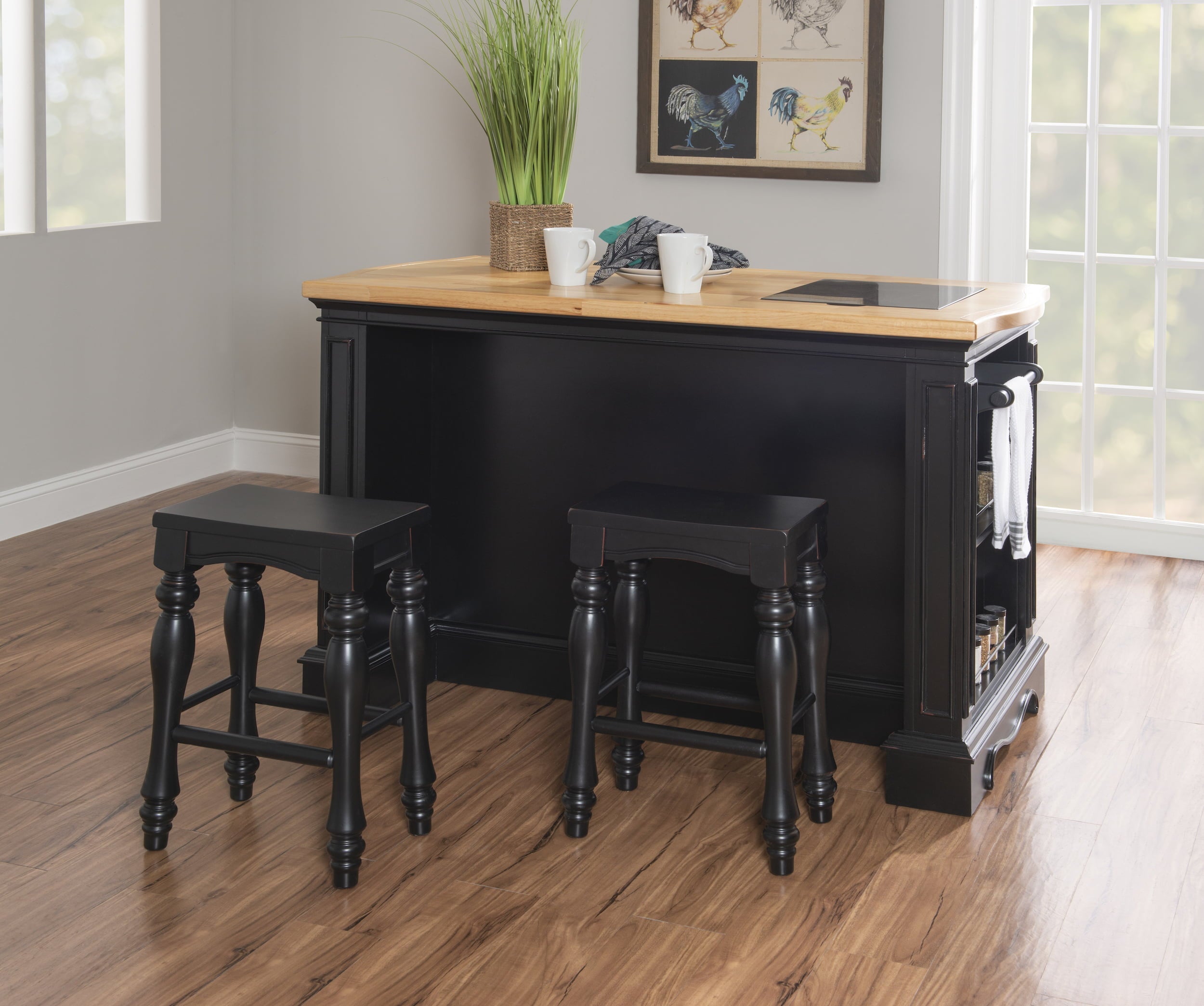 Pennfield Kitchen Island with Black Granite Removable Cutting Surface, Black and Natural