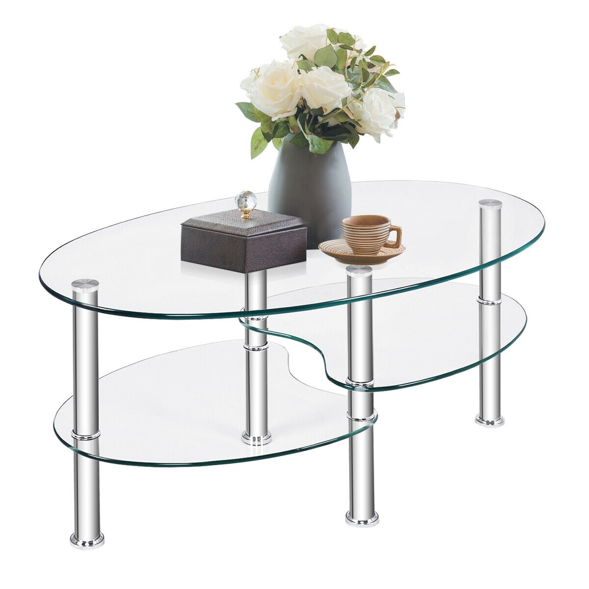 Costway Tempered Glass Oval Side Coffee Table Shelf Chrome Base Living Room Clear