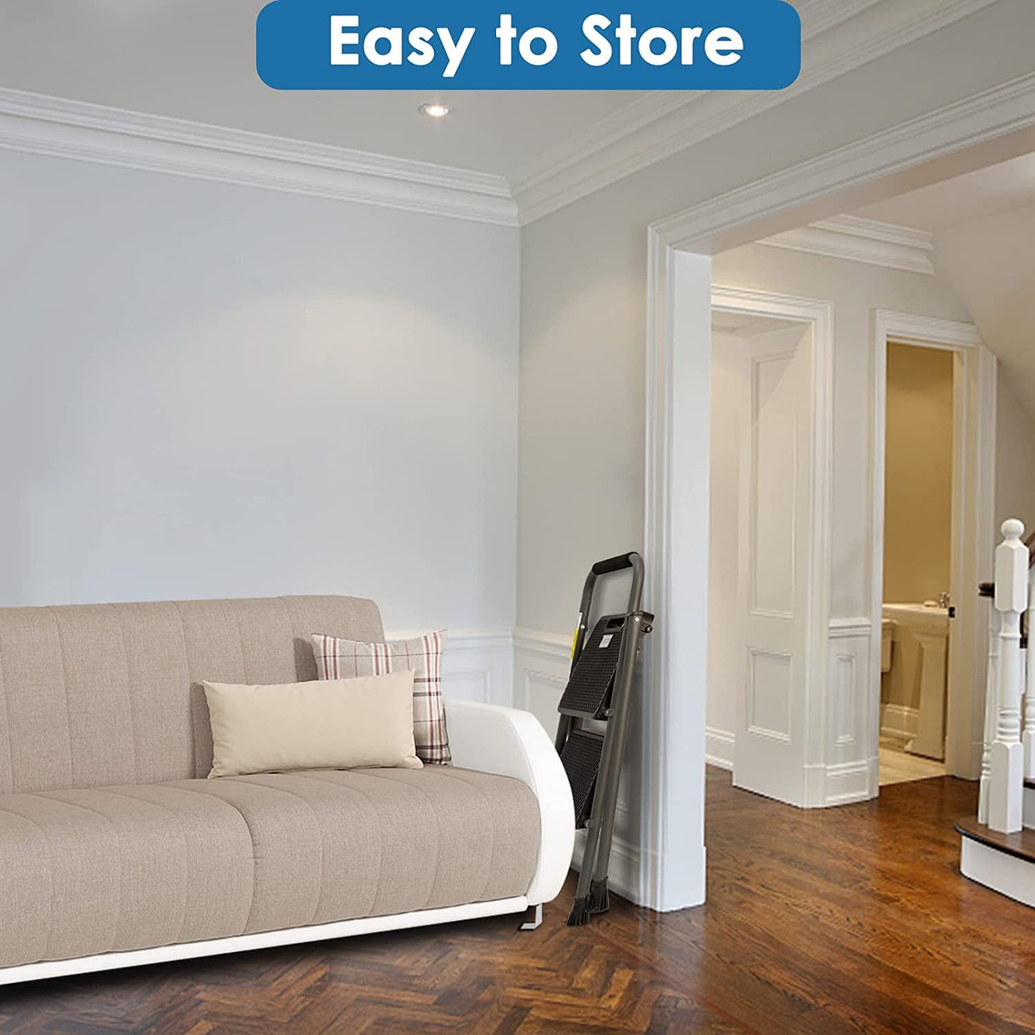 HBTower Folding 2-Step Stool Ladder, 500lbs, with Wide Anti-Slip Pedal and Steel Handgrip, Gray