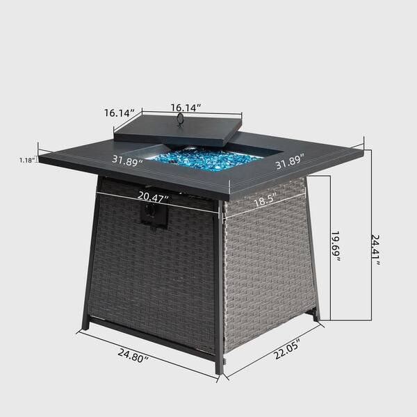 Dark Gray Square Metal 32 in. Propane Fire Pit Table with Blue Glass Ball and ETL-Certified