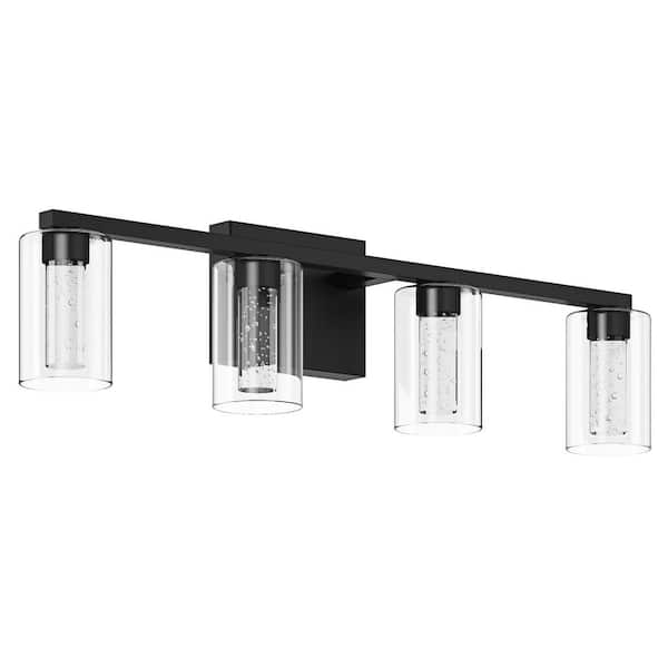 26.8 in. 4-Light Industrial Black LED Vanity Light Over Mirror with Glass Shade