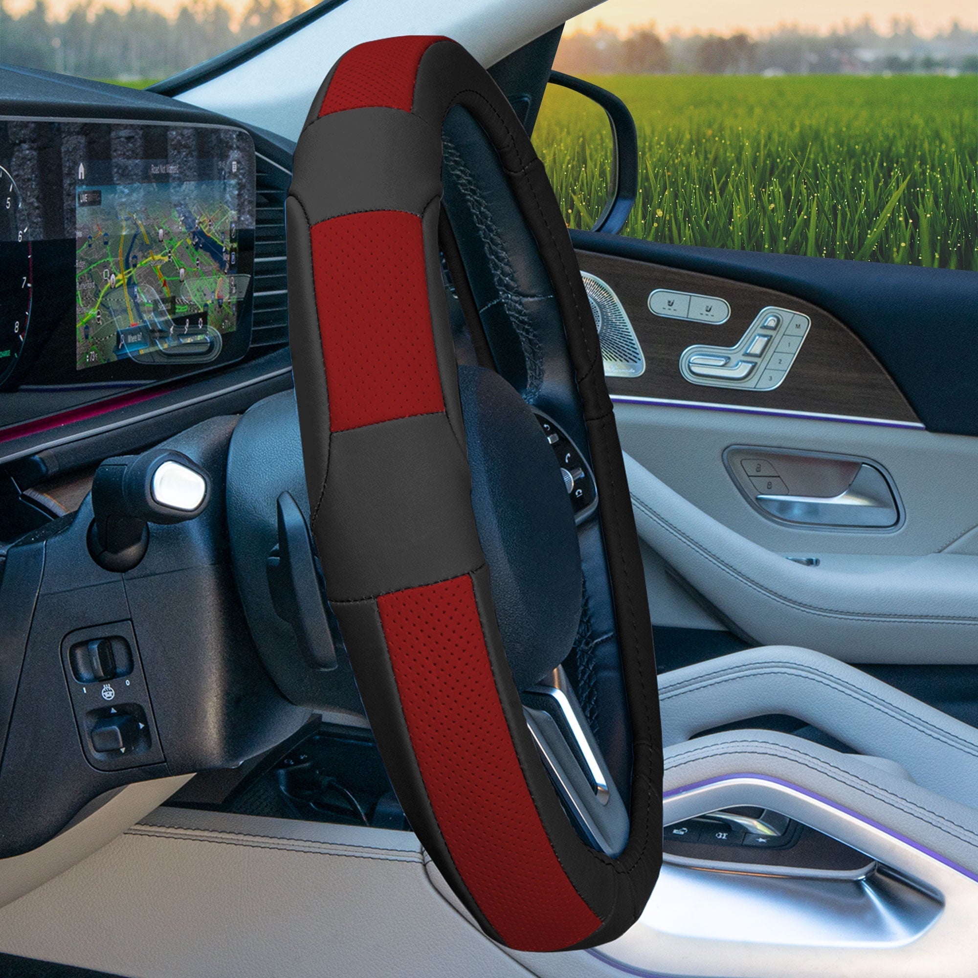 FH Group AFFH2002RED Red Deluxe Full Grain Authentic Leather Steering Wheel Cover With Air Freshener