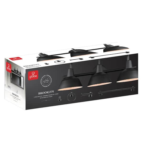 Brooklyn 24 in. 3-Light Matte Black Vanity Light with Bath Set (5-Piece)