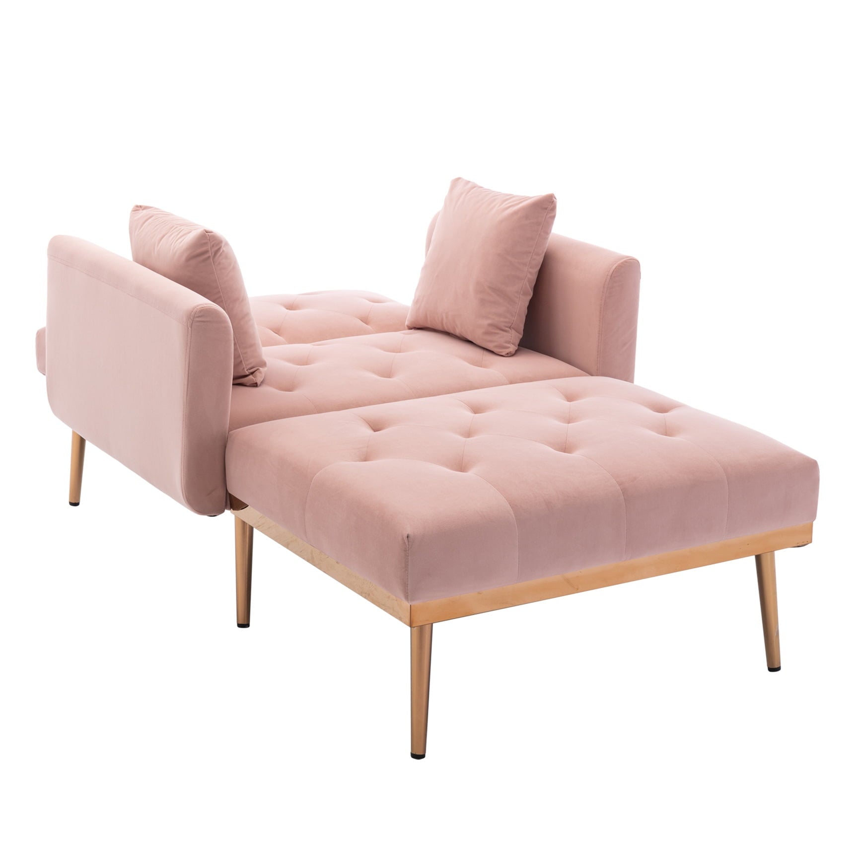 Chaise Lounge Chair with 2 Pillows,  Modern Tufted Lounge Sofa Chair with Adjustable Backrest and Rose Golden Metal Legs, Convertible Sleeper Chair for Living Room Bedroom, Pink