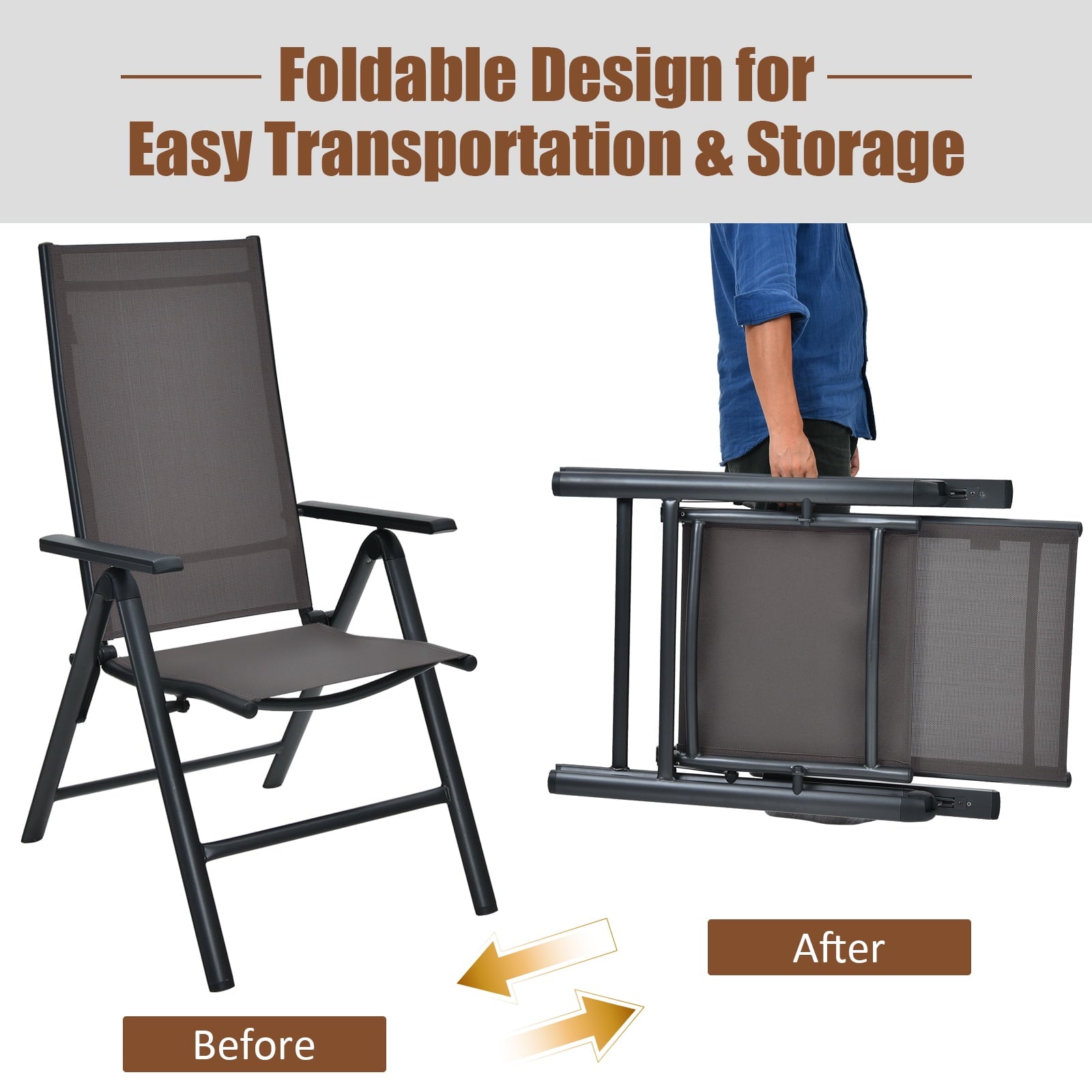 Costway 3PCS Bistro Set Folding Adjustable Chairs Square Glass Table Garden