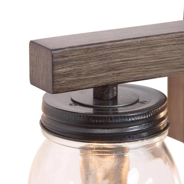 Modern Farmhouse Rust Black 3-Light Bathroom Vanity Light with Textured Faux Wood Accent and Mason Jar Glass Shades