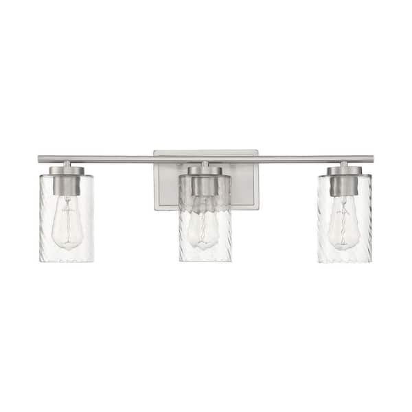 24 in. W x 8.63 in. H 3-Light Brushed Nickel Bathroom Vanity Light with Clear Cylinder Glass Shades