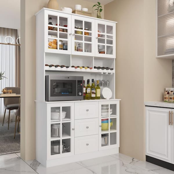 White Wooden Sideboard, Food Pantry, Storage Cabinet with 3 Drawers, 4 Cabinet and Wine Rack