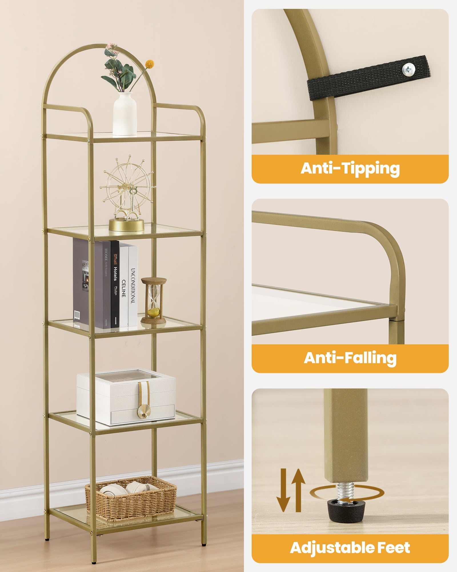 Hzuaneri 5 Tier Ladder Shelf，Tempered Glass Bookcase Bookshelf, Shelving Unit, Gold BC05001G