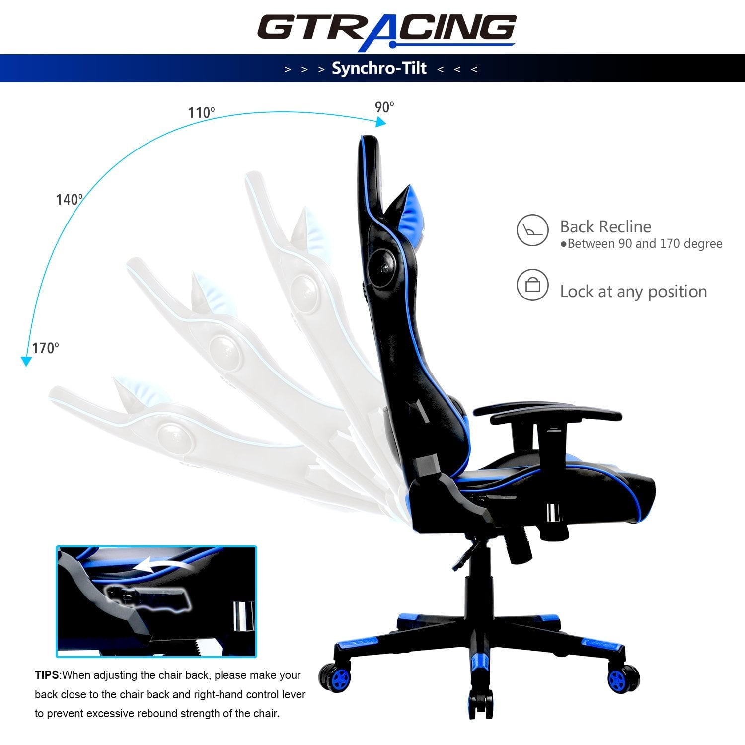 GTRACING Gaming Chair PU Office Chair with Speakers Bluetooth in Home, Blue