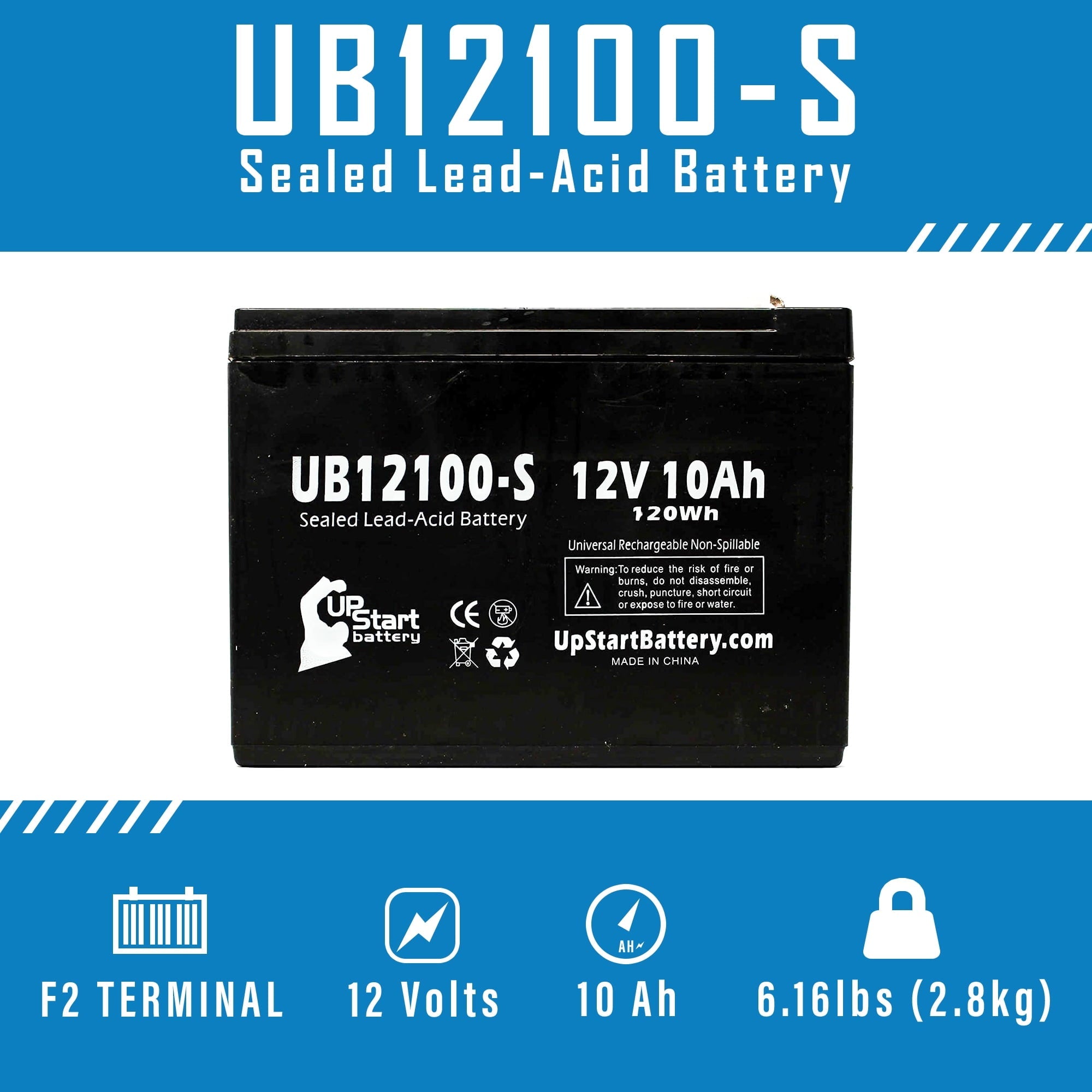 2x Pack - Universal Battery UB12100-S Battery Replacement - UB12100-S Universal Sealed Lead Acid Battery (12V, 10Ah, 10000mAh, F2 Terminal, AGM, SLA)