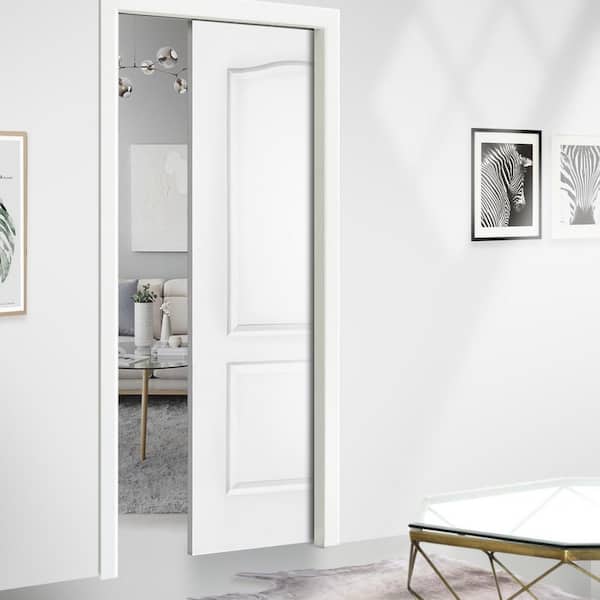 30 in. x 80 in. 2 Panel Hollow Core White Primed Composite MDF Arch Top Interior Door Slab for Pocket Door