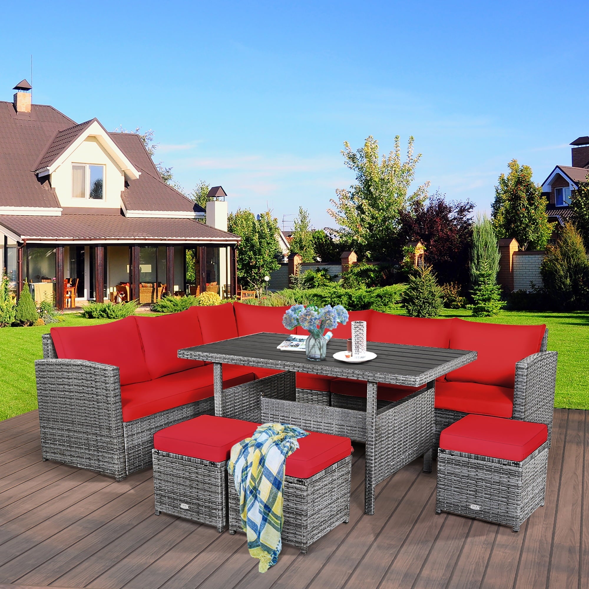 Costway 7 PCS Patio Rattan Dining Set Sectional Sofa Couch Ottoman Garden Red