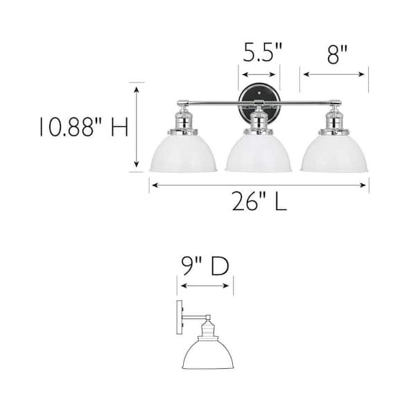 Savannah 26 in. W. 3-Light Polished Chrome Vanity Light with Satin White Shades