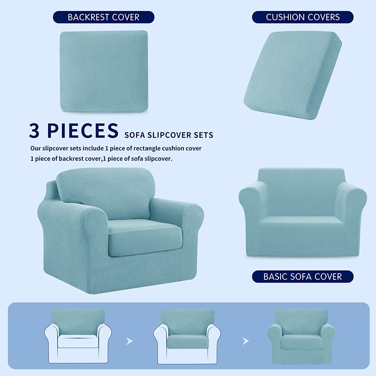 Subrtex Sofa Slipcover Sets 3 Pieces Stretch Couch Cover Backrest Cushion Covers (Armchair, Steel Blue)