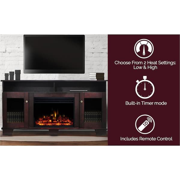 Savona 59 in. Electric Fireplace Heater TV Stand in Mahogany with Enhanced Log Display and Remote