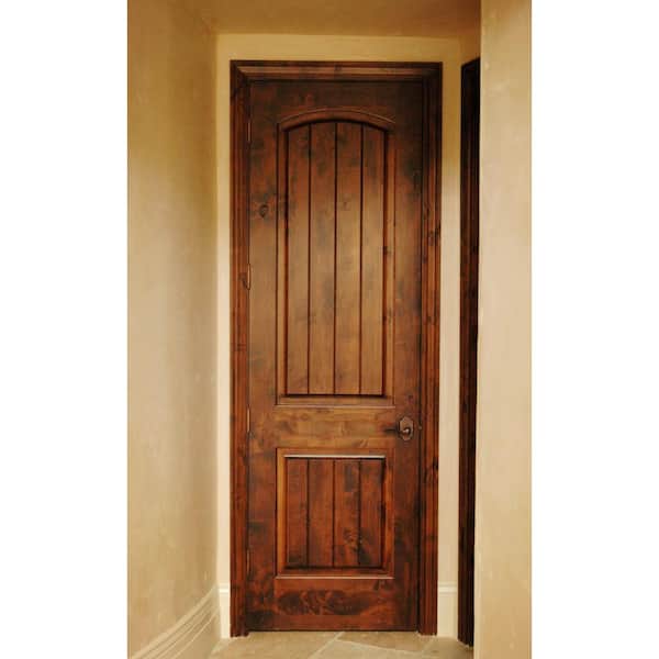 30 in. x 80 in. Knotty Alder 2 Panel Top Rail Arch V-Groove Solid Wood Right-Hand Single Prehung Interior Door