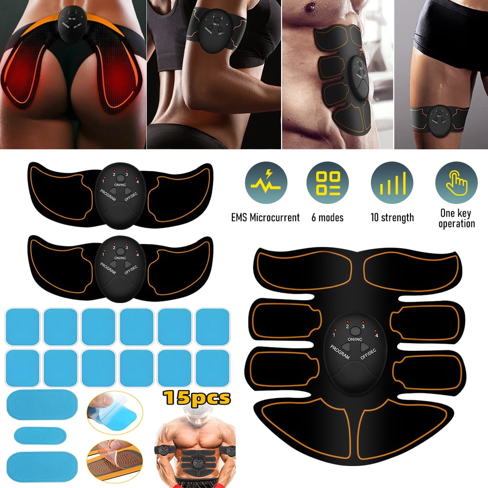 MDHAND Rechargeable EMS Abs Stimulator Ultimate Muscle Trainer Toner, Electric Muscle Stimulation with Replacement Gel Pads 15 Pack for Arm and Leg Trainer