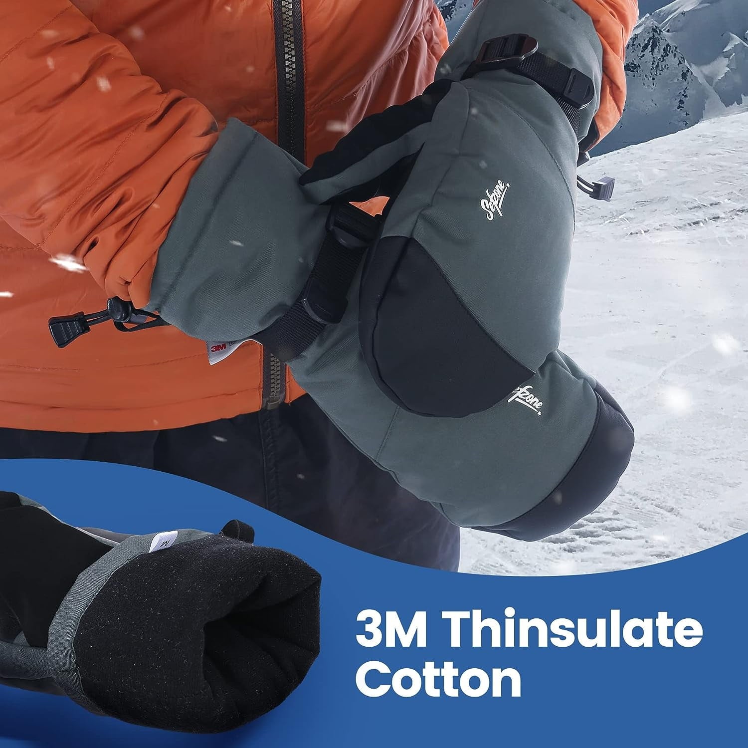 Sefzone Winter Ski Mittens for Men & Women, 3M Thinsulate Touch Screen Snow Warm Ski Gloves for Adult, Waterproof Mittens for Cycling, Skiing, Shoveling Outdoor Sports