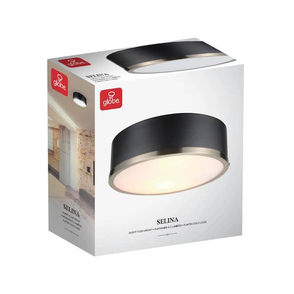 Selina 14 in. 2-Light Matte Black Flush Mount Ceiling Light with Frosted Glass Shade