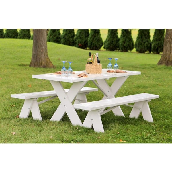 6 ft. White Vinyl Table with Unattached Plastic Outdoor Patio Bench