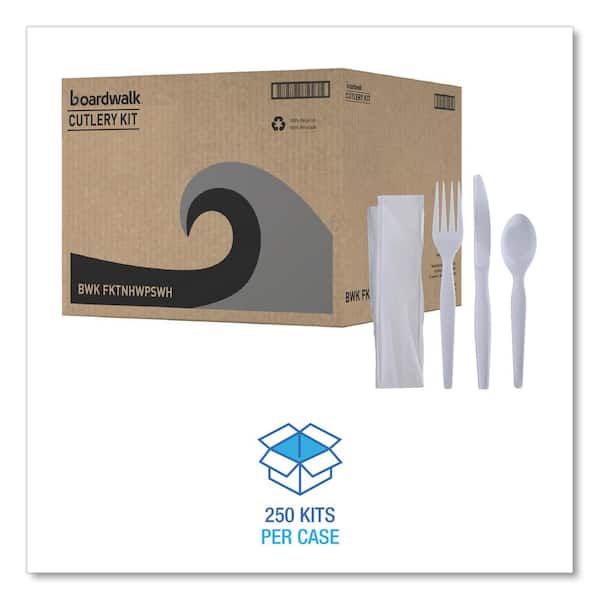 White Heavyweight Disposable Polystyrene Utensils, 4-Piece Cutlery Kit, Fork/Knife/Napkin/Teaspoon (250-Carton)