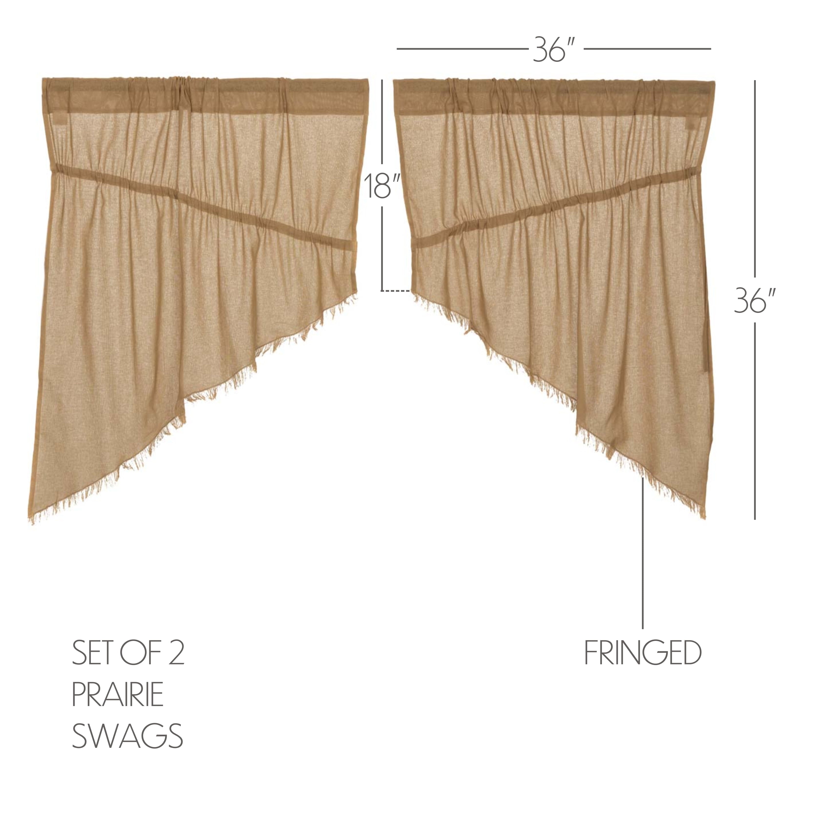 VHC Brands Primitive Farmhouse Kitchen Window Curtains-Tobacco Cloth Tan Fringed Prairie Swag Pair, x King, Khaki