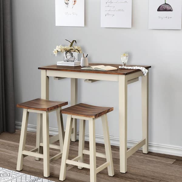 3-Piece Beige Bar Table Set Counter Pub Table and 2 Saddle Bar Stools with Hanging Design