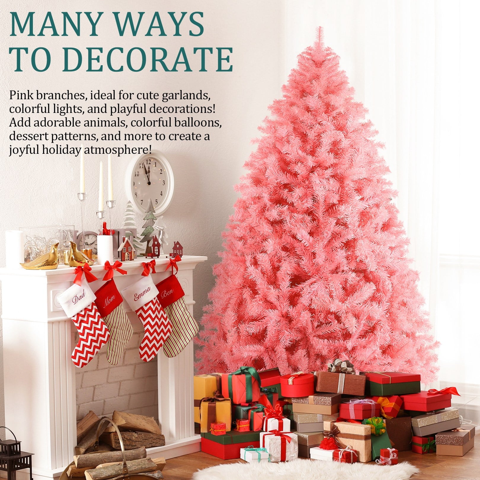 Funcid 6ft Pink Artificial Christmas Tree, Hinged Spruce Full Tree with 1,477 Branch Tips, Foldable Metal Stand, 100% New PVC Material, Xmas Tree for Indoor and Outdoor Decoration