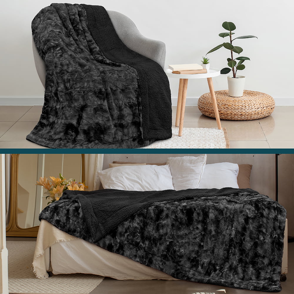 PAVILIA Faux Fur Queen Bed Blanket Tie-Dye Black, Soft Fuzzy Warm Sherpa Blanket for Bed, Fluffy Plush Thick Fleece Throw Blanket for Couch Sofa, Reversible Furry Shaggy Large Blanket, Black 90x90
