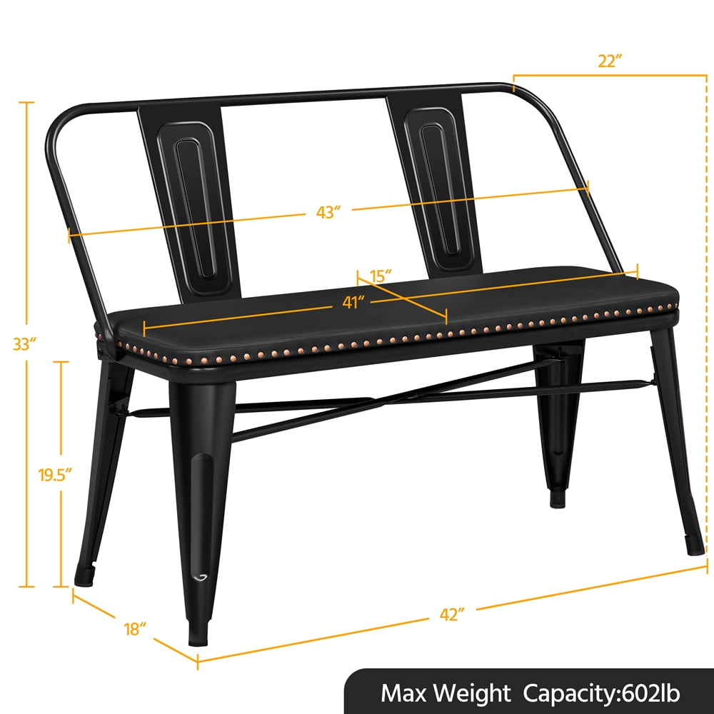 Topeakmart Industrial Upholstered Metal Dining Bench with Removable Backrest, Black