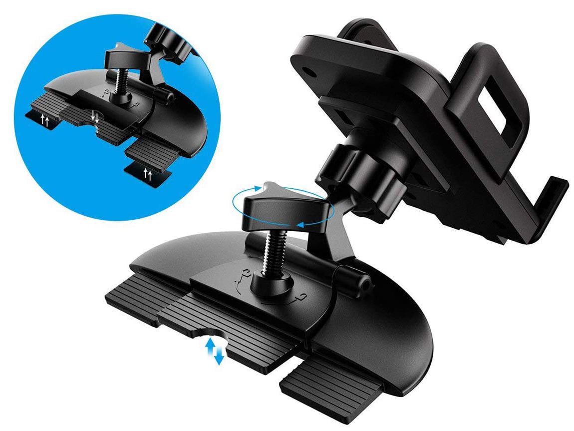 Pokanic Car Cell Phone CD Slot Mount Adjustable 360 Rotation Stand Holder Three-Side Grips Design One Touch Clamp Compatible with iPhone Galaxy Note Pixel Universal (CD Slot Mount)