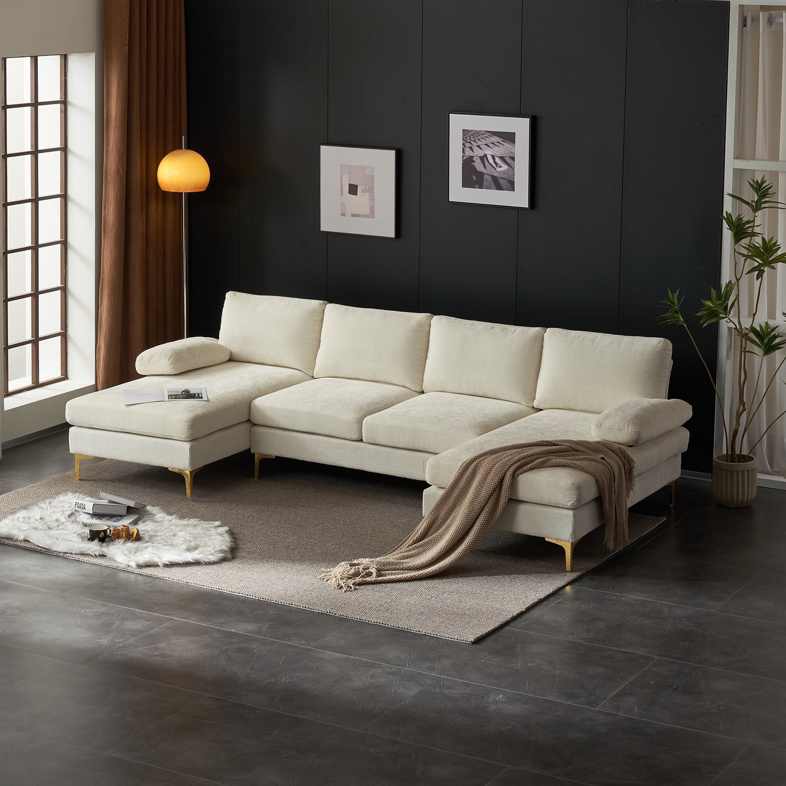 Zimtown Convertible Sectional Sofa,U Shaped Couch with Double Reversible Chaise, Chenille Fabric Fabric Sectional Couch with Metal Feet Beige