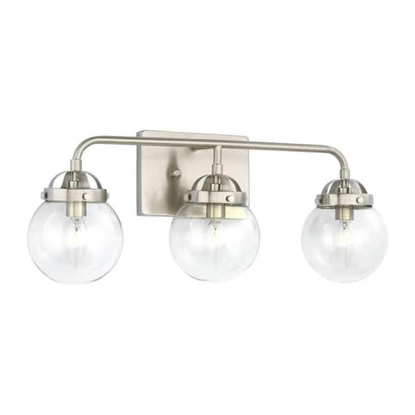 Bryce 21.75 in. 3-Light Brushed Nickel Modern Industrial Bathroom Vanity Light with Clear Round Globe Glass Shades