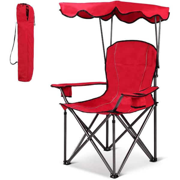 Portable Folding Beach Canopy Chair with Cup Holders for Outside Travel, Picnic, Beach Soccer Chairs, Red