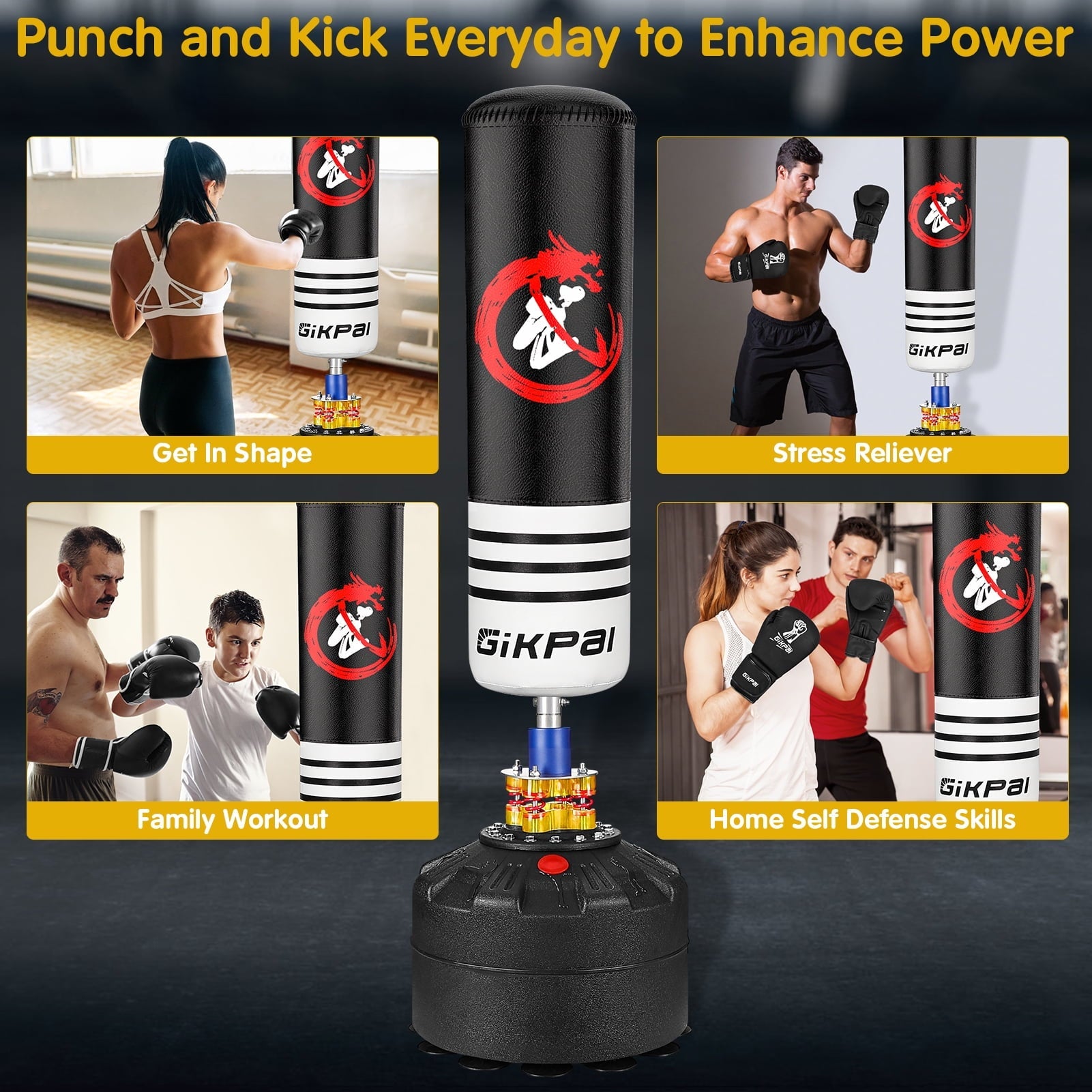 GIKPAL Freestanding Punching Bag 70''-180lbs with Stand for Adult Teens Kids, Kickboxing Bag with 12 Suction Cup Base for Home Office Gym,Black