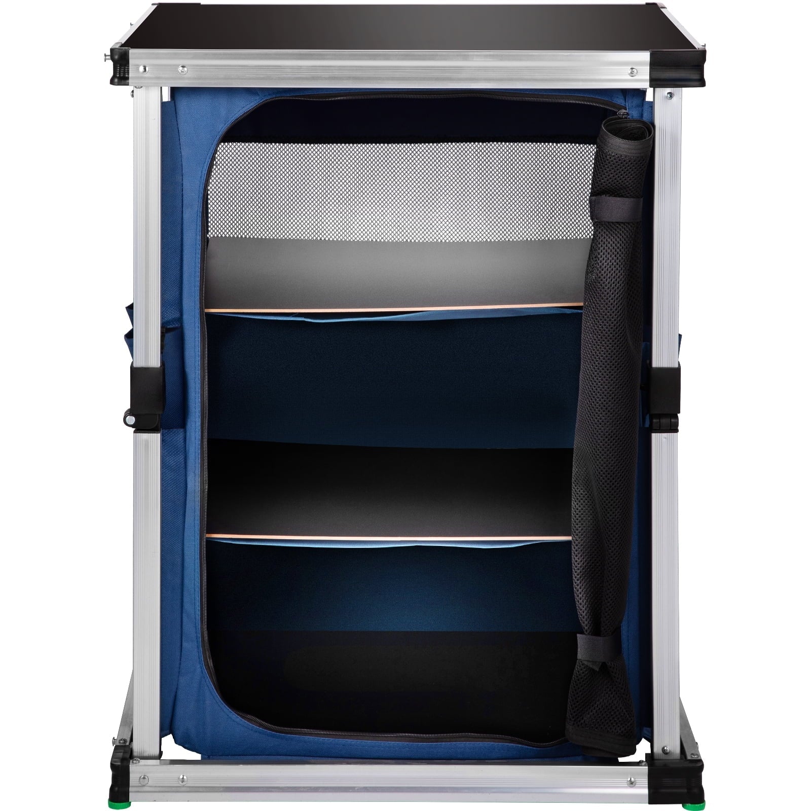 Camping Kitchen Station, Aluminum Portable Folding Cook Table with 3-Tier Storage Organizer, Side Pocket and Carrying Bag, for Outdoor BBQ Party Backyards and Tailgating, Blue