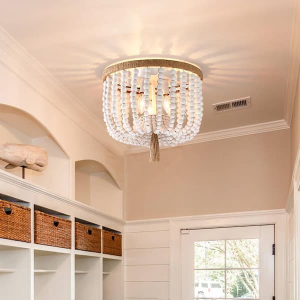 12.6 in. 3-Light Bohemia Antique White Wood Beaded Flush Mount Ceiling Light with Brown Rope Tassel