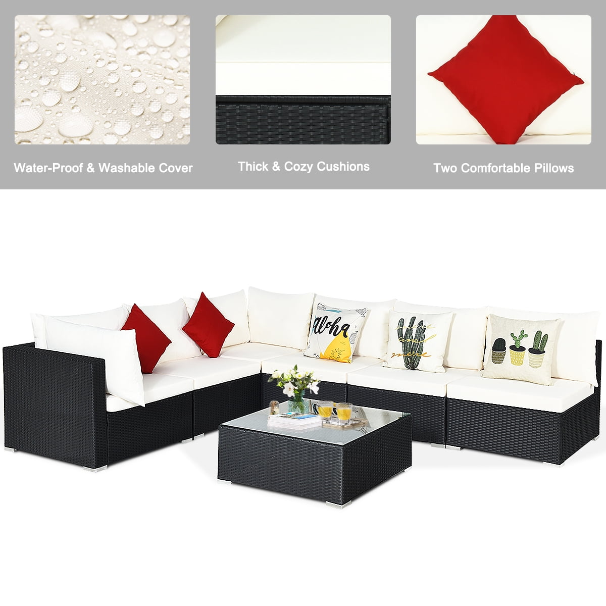 Gymax 7PCS Rattan Patio Conversation Sectional Furniture Set w/ Cushion Pillow