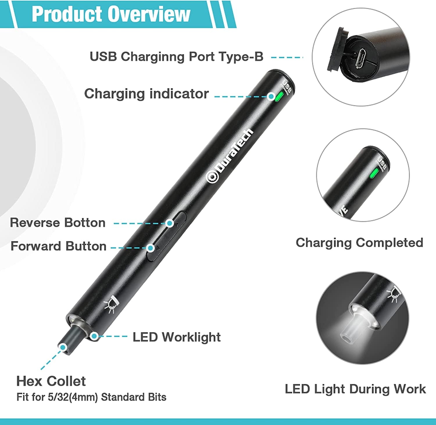 DURATECH 55PC Precision Electric Screwdriver Set, Mini Power Screwdriver with 51 Piece S2 Steel Bits, LED Work Light, Storage Box, Bit Holders, USB Type-B Cable