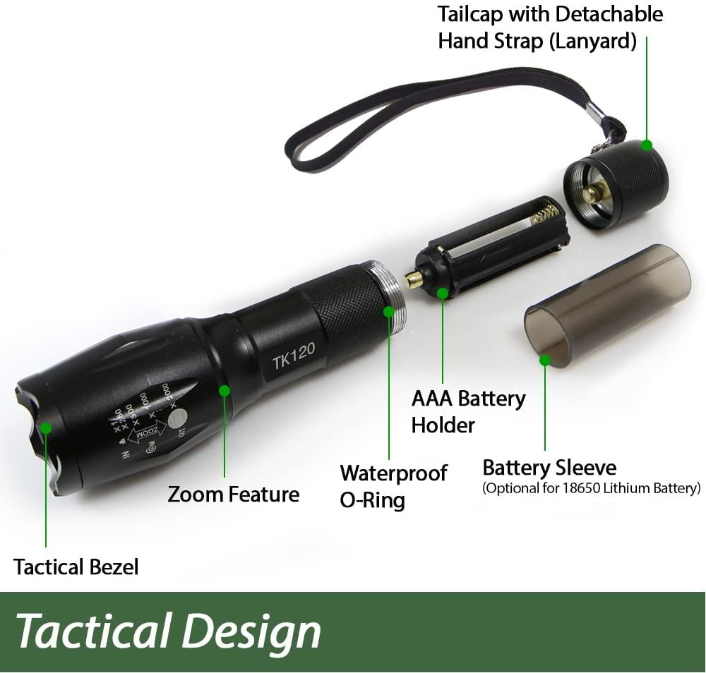 LED Tactical Flashlight - TK120 Handheld Light with 5 Light Modes, Water Resistant, Zoomable - Great Gifts for Men for Camping, Emergency, Everyday (2 Pack)